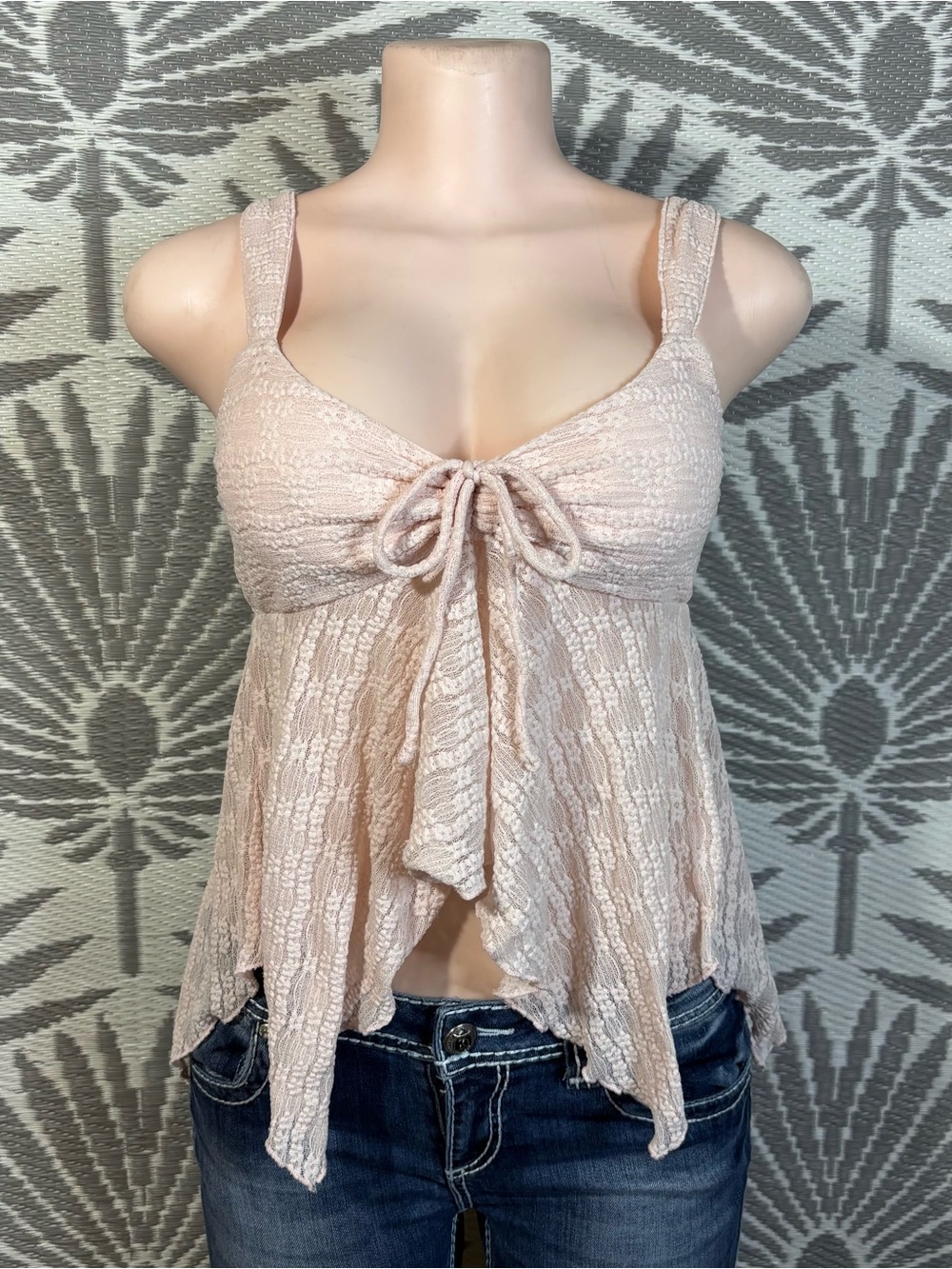 Vtg Y2K Pink Lace Babydoll Cami Tank Top Asymmetrical Hem Small⁠